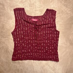 Vintage Y2K Neerus Cropped Sleeveless Shirt Burgundy Ruched Tank Top Metallic